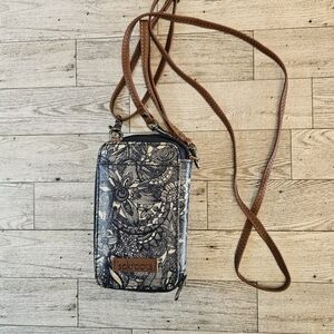 Sakroots Artist Circle Crossbody Phone case/Wallet Blue White Floral Mosaic
